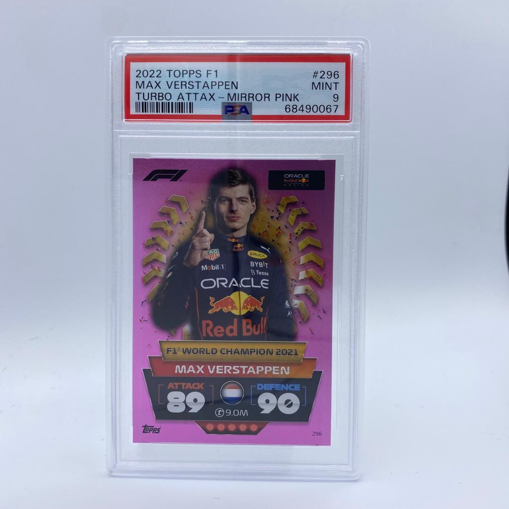 PSA 9 Graded Max Verstappen #296 Pink F1 World Champion Turbo Attax 2022 Trading Card - Perfect for F1 Collectors, Sports Memorabilia Enthusiasts, and Racing Fans Display