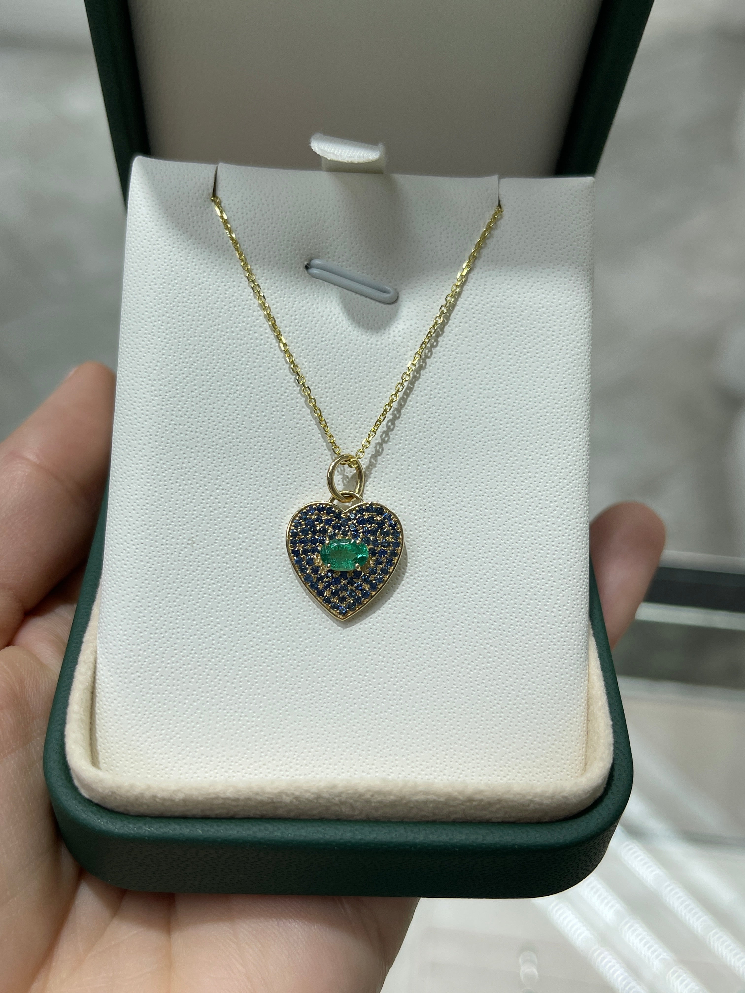 1.10tcw Genuine Emerald & Blue Sapphire Heart Charm Pendant in 14K Gold - Perfect for Valentine's Day Gifts, Anniversary Jewelry & Romantic Occasions