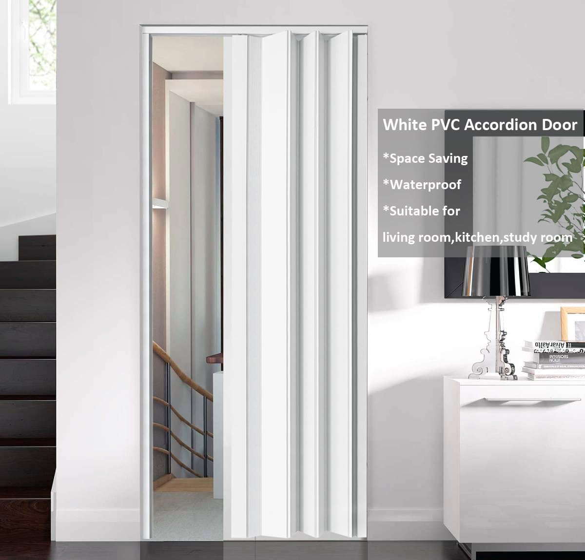 48x96 Inch White PVC Accordion Folding Door for Closet & Room Divider - DIY Interior Sliding Door with Mounting Hardware, Handle & Latch - Perfect for Bedrooms, Walk-in Closets & Small Spaces