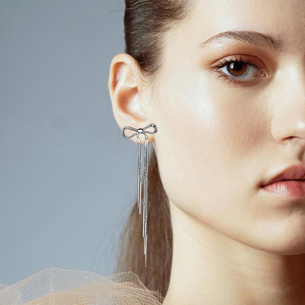 Elegant Rhinestone Bow Tassel Earrings for Women - Long Crystal Dangle Statement Earrings in Gold & Silver - Lightweight Ribbon Jewelry for Parties, Weddings & Special Occasions