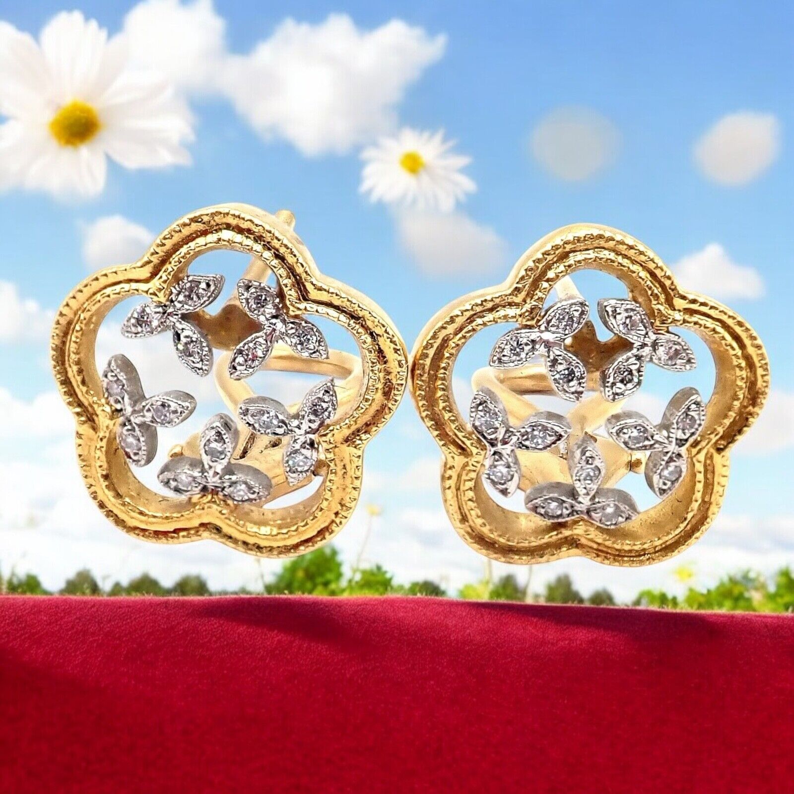 Authentic Cathy Waterman 22K Yellow Gold Platinum Diamond Vine Flower Earrings - Elegant Jewelry for Weddings, Parties & Special Occasions