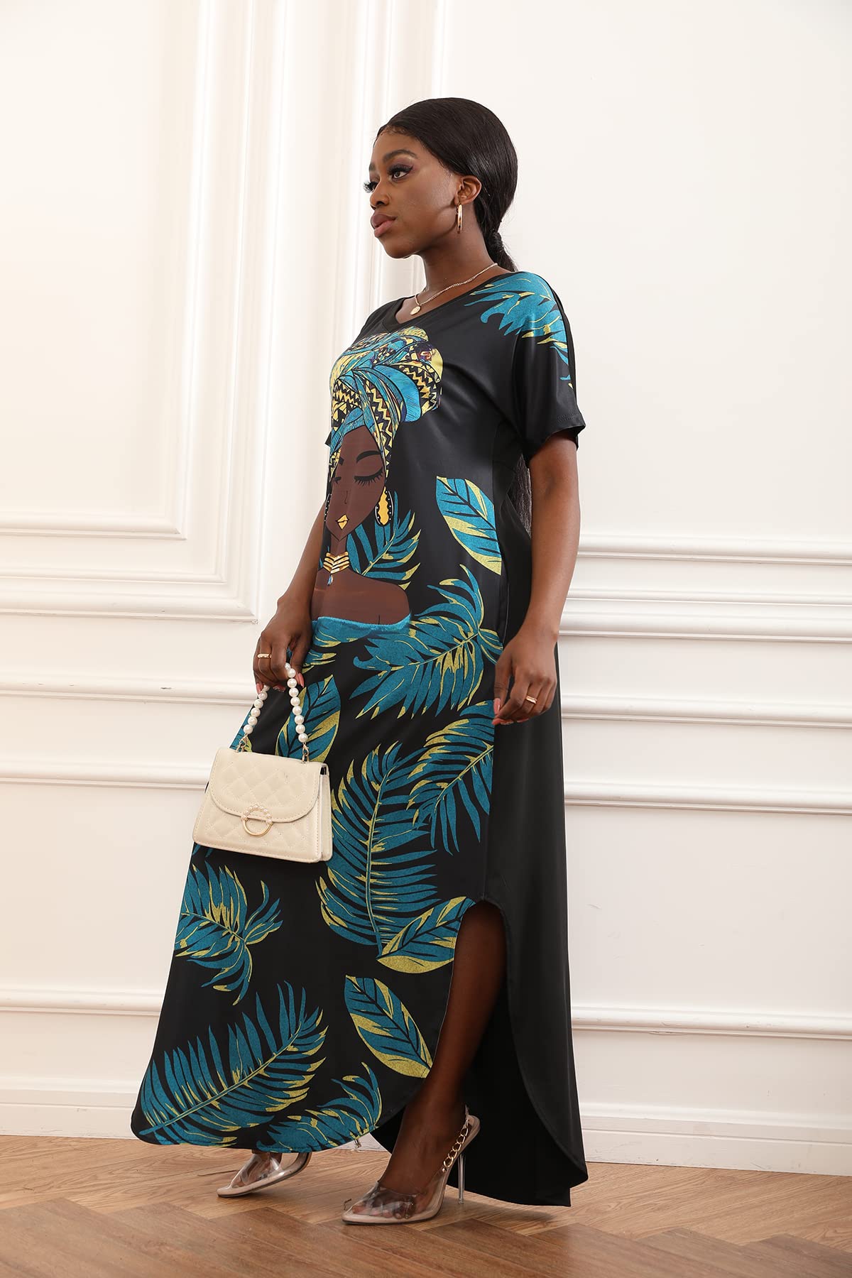 FZNHQL Black Women's Short Sleeve V-Neck Maxi Dress - African Melanin Girl Print Floral Long Dress for Casual Wear | Perfect for Summer Outings, Beach Vacations & Cultural Events