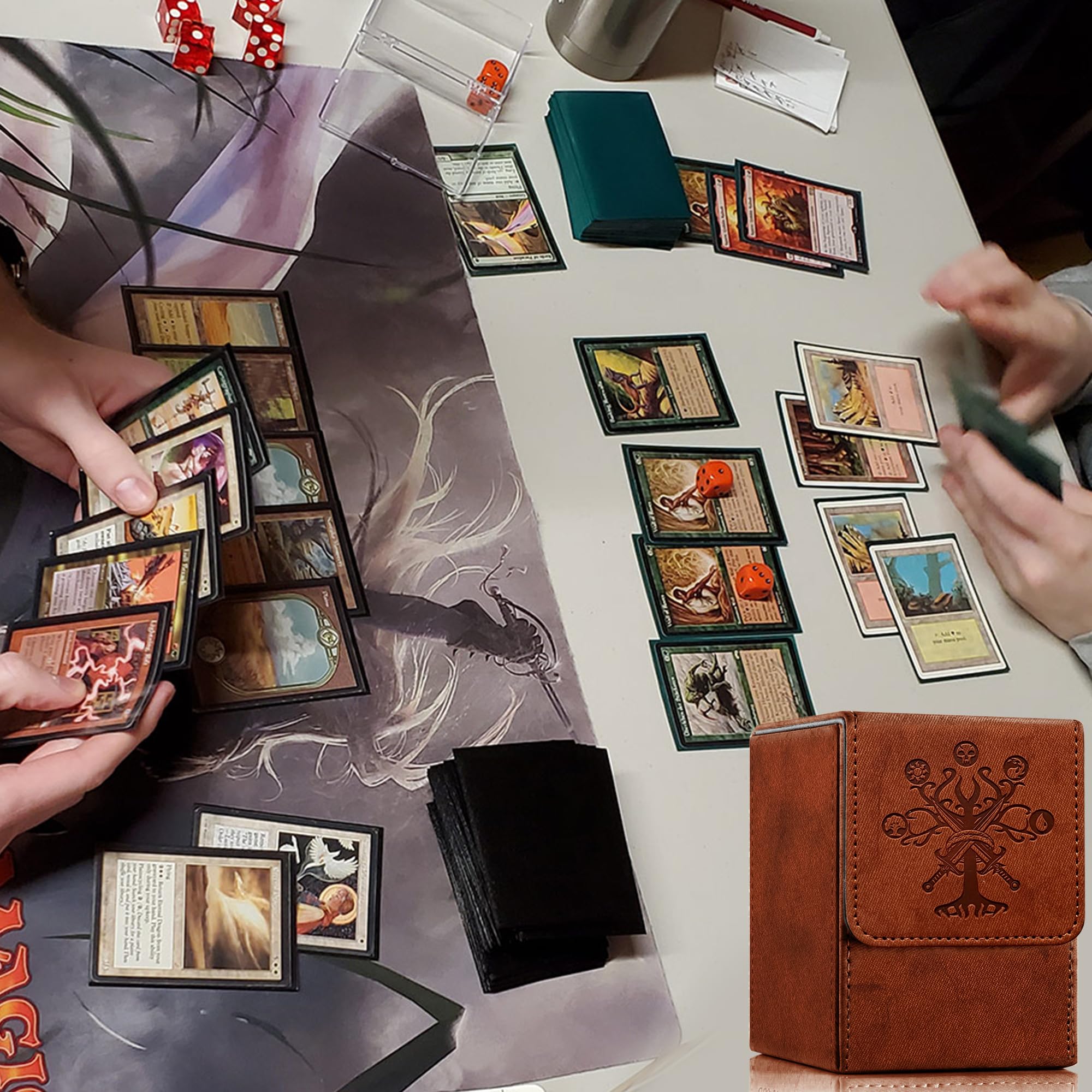 Premium MTG Card Deck Box - Holds 100+ Single Sleeved Cards | Durable PU Leather with Strong Magnet Closure | Perfect for Commander, TCG, MTG Card Storage & Organization (Brick Red, Tree Design) - Great for Game Nights, Travel & Collectible Card Protection
