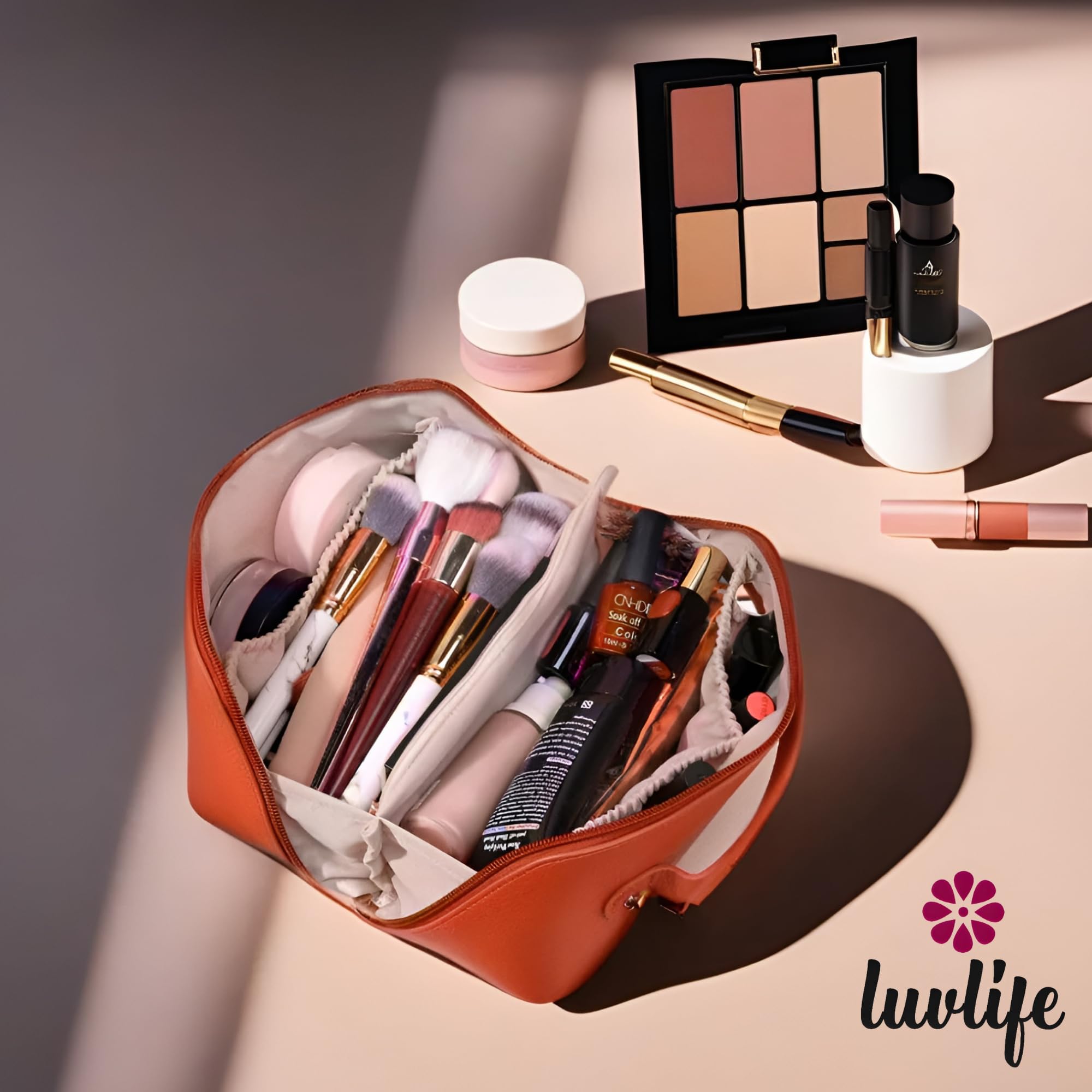 LuvLife Large Capacity Vegan Leather Cosmetic Travel Bag for Women & Girls - Portable Makeup Pouch with Wide Opening, Handle & Divider - Perfect for Toiletries Storage (12cm, Orange) - Includes Free E-Book - Ideal for Travel, Gym & Everyday Use
