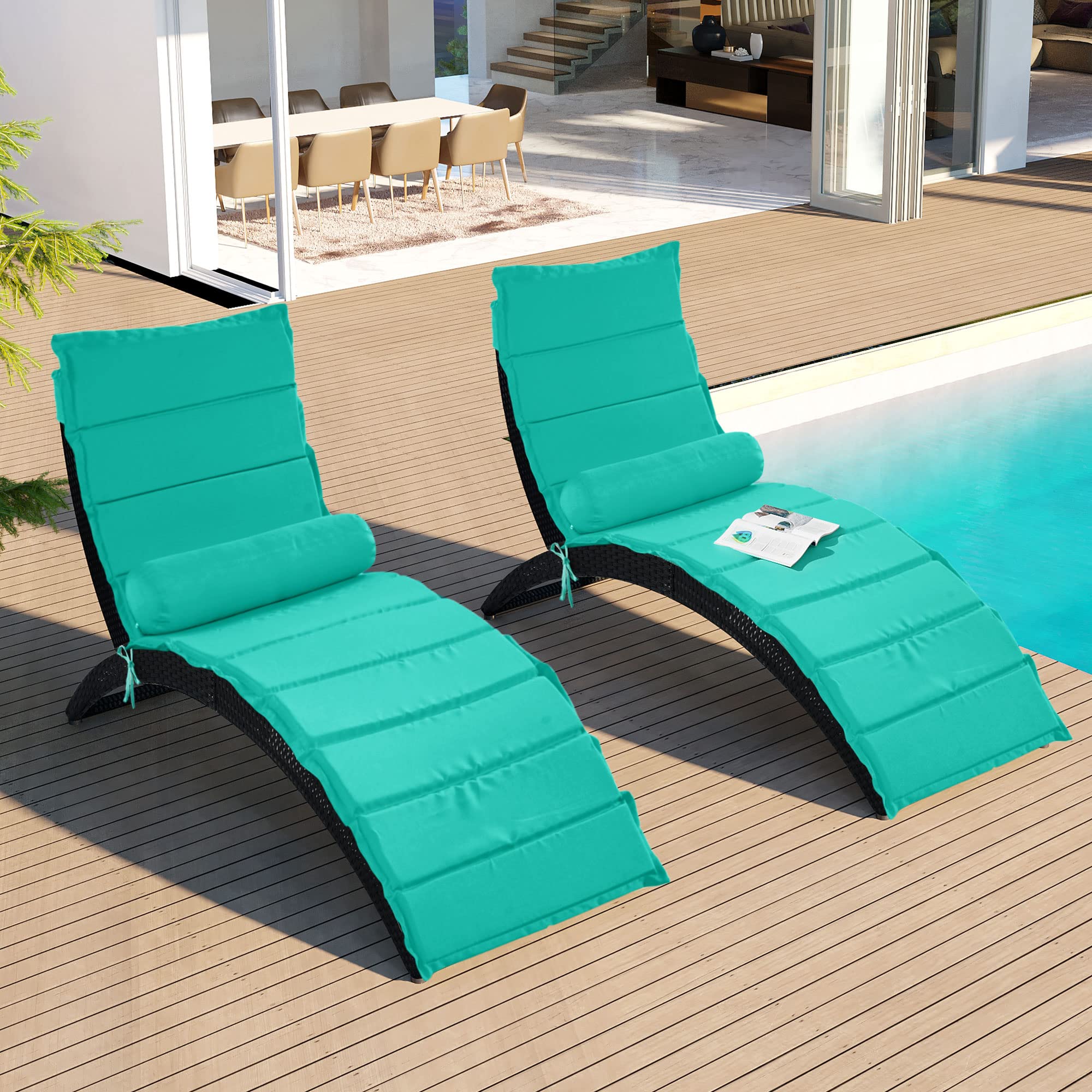 **Merax Patio Chaise Lounge Chair Set of 2 – Outdoor Rattan Foldable Sun Lounger with Cushions & Bolster Pillow – PE Wicker Poolside, Lawn & Garden Furniture – Perfect for Relaxing by the Pool, Backyard or Patio (Blue)**