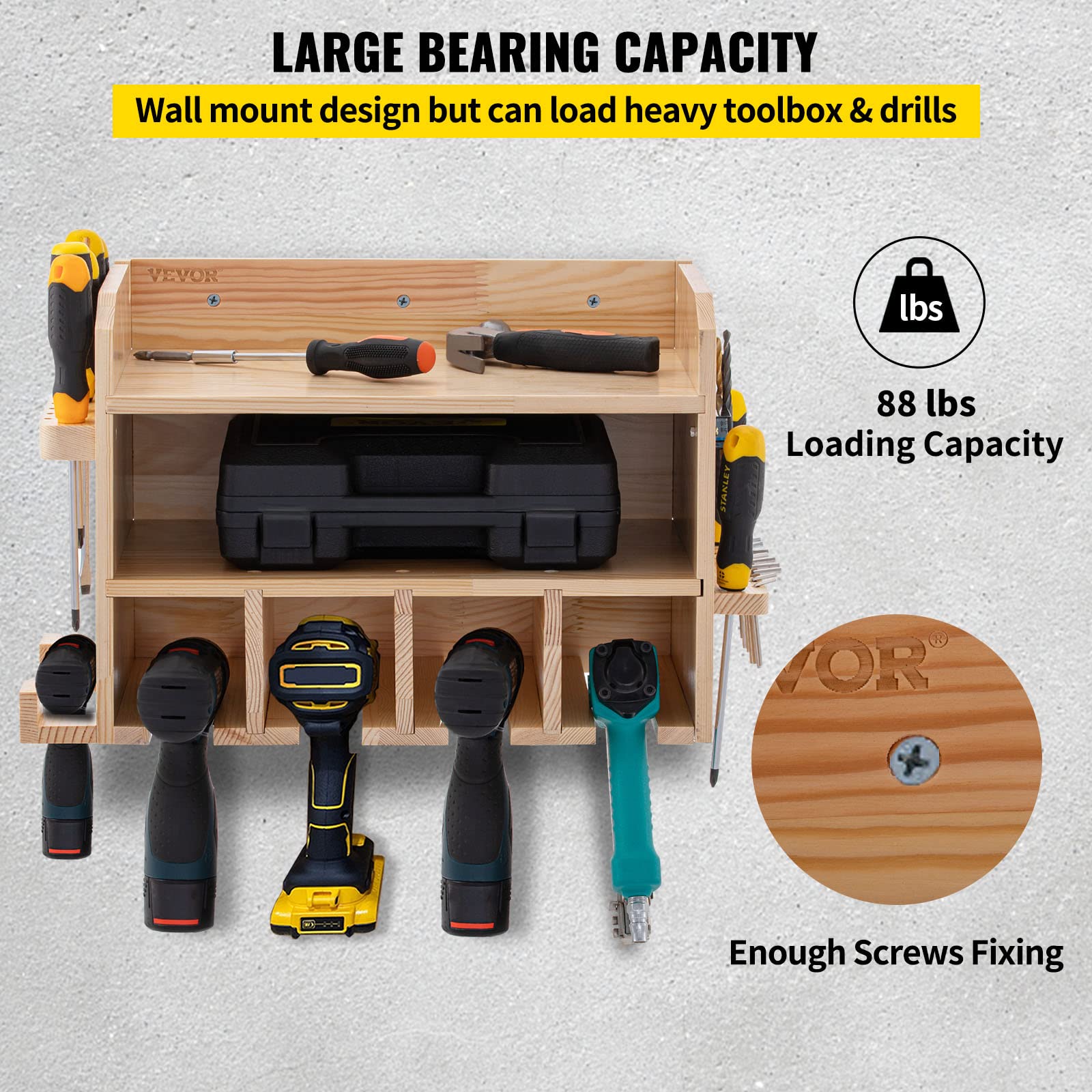 VEVOR Wall Mounted Power Tool Organizer - 4 Hanging Slots Drill Holder & Charging Station with 2 Shelves - Polished Wooden Tool Storage for Drills, Saws, Wrenches & Screwdrivers - Perfect for Garage, Workshop & DIY Projects
