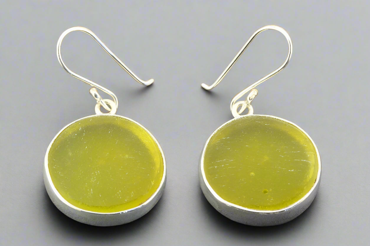 Handmade Large Circle Sea Glass Earrings in Lime Green - Perfect for Beach Weddings, Boho Fashion & Summer Accessories