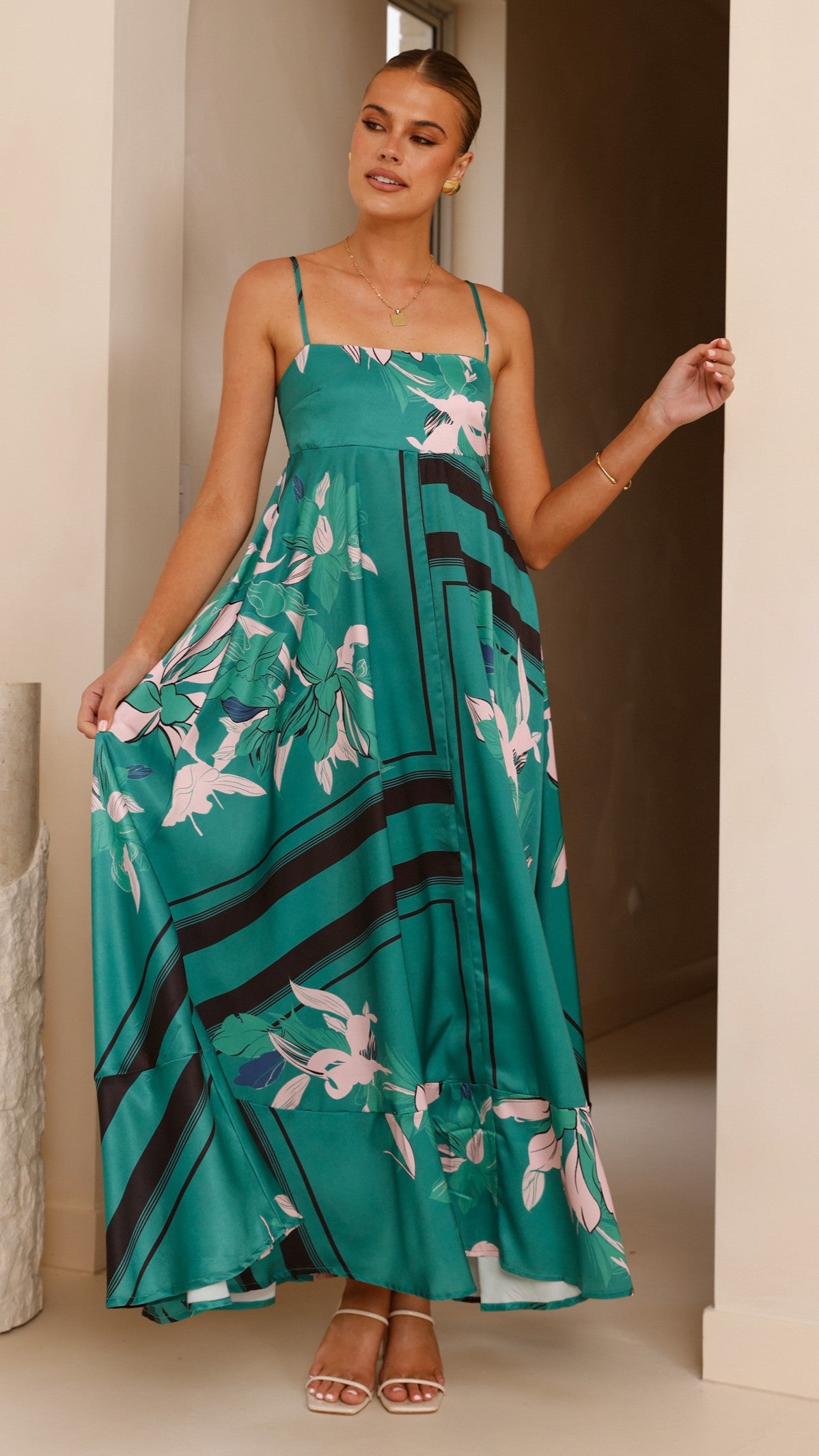 Kaethe Maxi Dress for Women - Flowy Green & Pink Summer Dress - Perfect for Beach, Vacation & Casual Outings