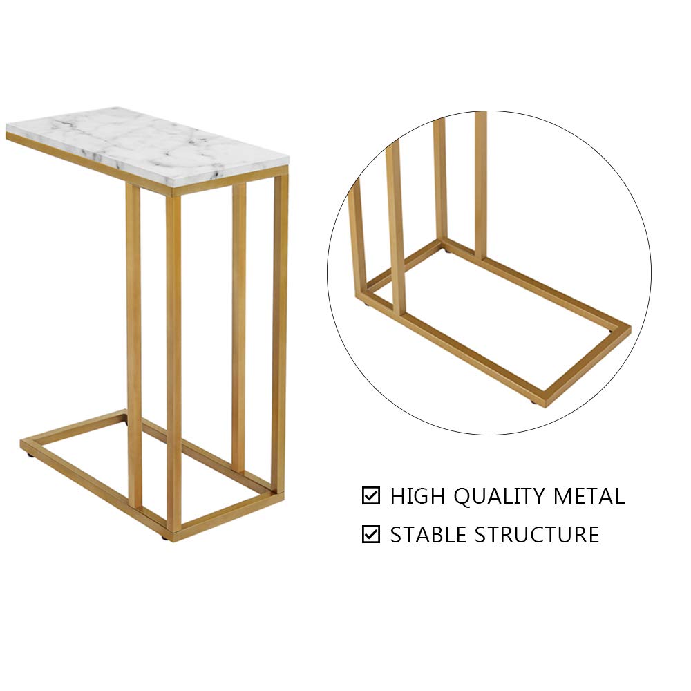 Modern C-Shape Side End Table with Faux Marble Tray & Metal Frame - Gold Snack Table, Laptop Stand, Coffee Holder - Set of 2 - Perfect for Living Room, Bedroom, or Office Use