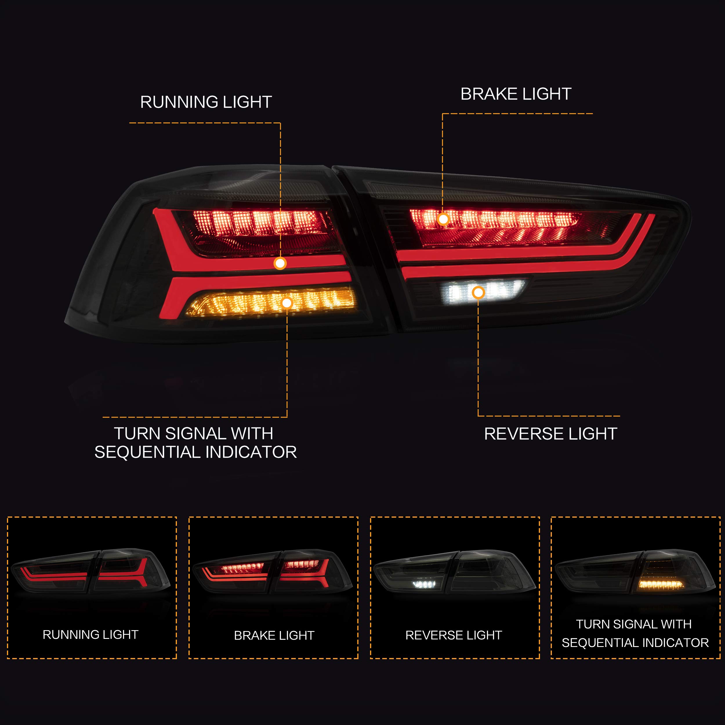 VLAND Smoked Tail Lights Assembly for Mitsubishi Lancer & EVO X 2008-2020 - DRL, Sequential Turn Signal & Fog Lights - Perfect for Night Driving & Car Customization (Not for Sportbacks/Fortis/IO)