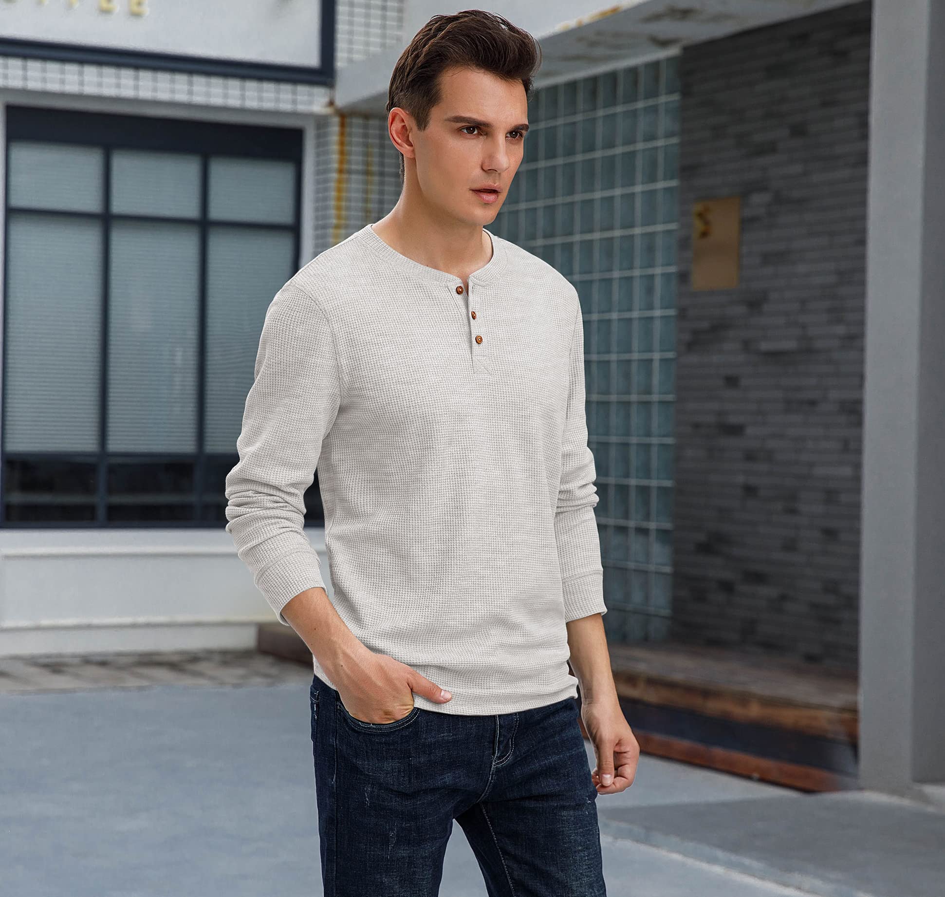 Sailwind Men's Long Sleeve Waffle Henley Shirt - Soft Thermal Casual Button Down Top for Fall & Winter - Perfect for Outdoor Activities, Camping and Layering