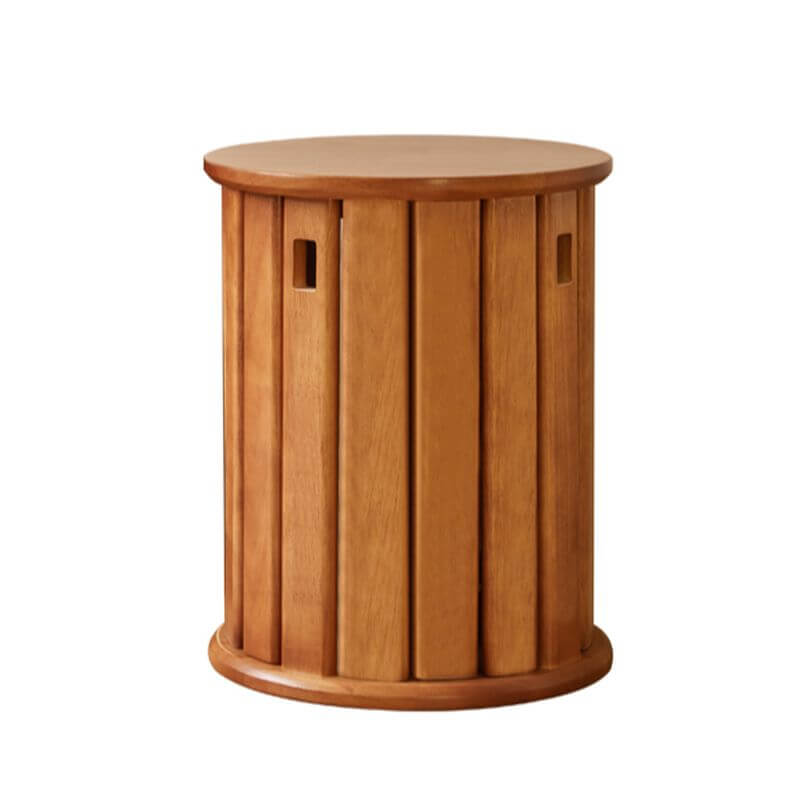 Minimalist Solid Color Utility Stool with Midnight Black/Auburn/Natural Finish - Stackable Drum Base & Natural Wood Seat - Perfect as Side Table, Bedside Stool or Living Room Accent