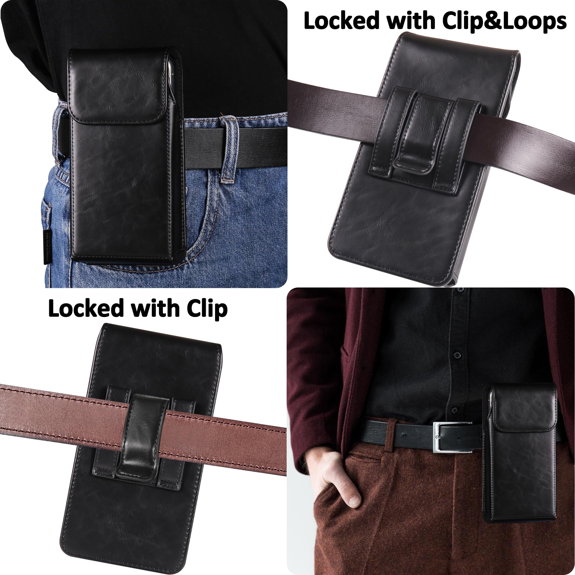 Premium Leather Phone Holster Belt Case for iPhone 15/14/13/12/11/XR & Galaxy S24/S23/S22 - Adjustable Belt Clip Pouch for Secure Carry (Black, Medium) - Perfect for Outdoor Activities, Work & Travel
