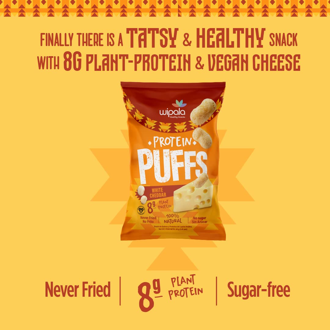 Wipala Vegan Protein Puffs Snacks - 8g Protein per Bag, Non-GMO, Gluten-Free, Cheddar Cheese Flavor (6-Pack) | Healthy On-the-Go Snack for Workouts, Hiking & Office Breaks