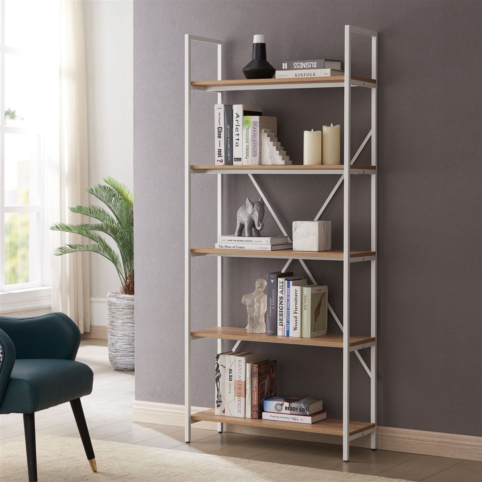 Workzone ASPECT 1800 Oak Bookcase - Modern Wood Bookshelf for Living Room, Office & Library Storage - Sturdy Book Organizer with 5 Shelves for Home Decor
