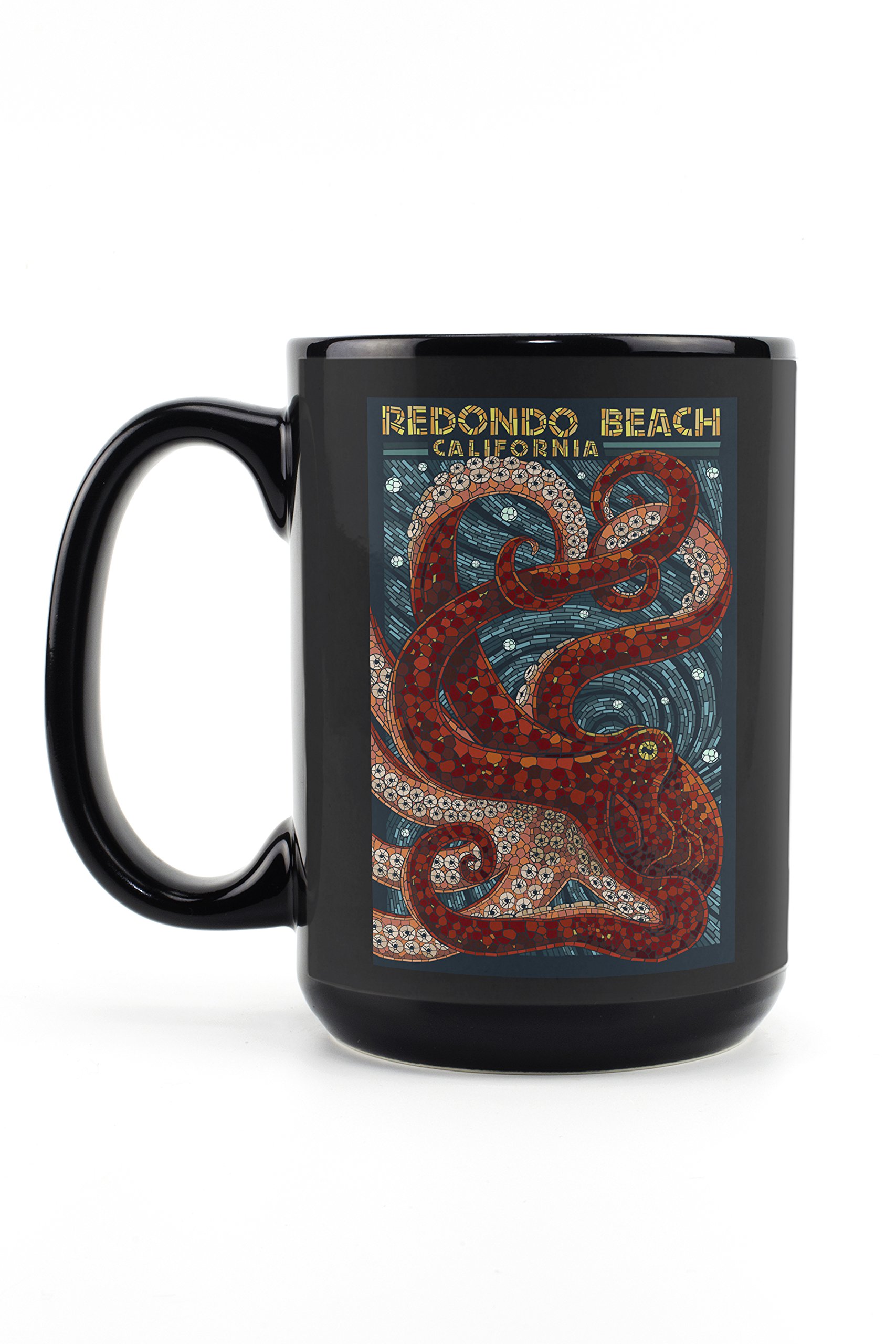 Lantern Press Redondo Beach California Octopus Mosaic 15oz Black Ceramic Coffee Mug - Microwave & Dishwasher Safe - Perfect for Home, Office & Gifts