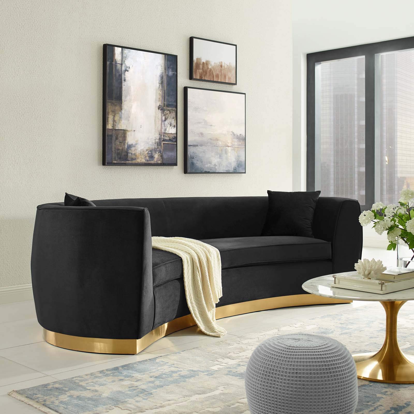 Modway Resolute Retro Modern Curved Back Upholstered Velvet Sofa with 2 Throw Pillows - Black Velvet Couch for Living Room, Lounge & Apartment Decor