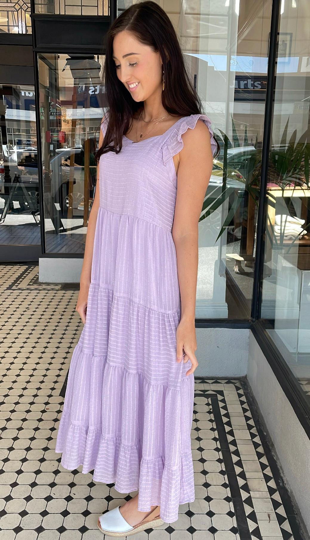 Elegant Iris Textured Tiered Midi Dress in Lilac - Perfect for Spring Weddings, Garden Parties & Date Nights
