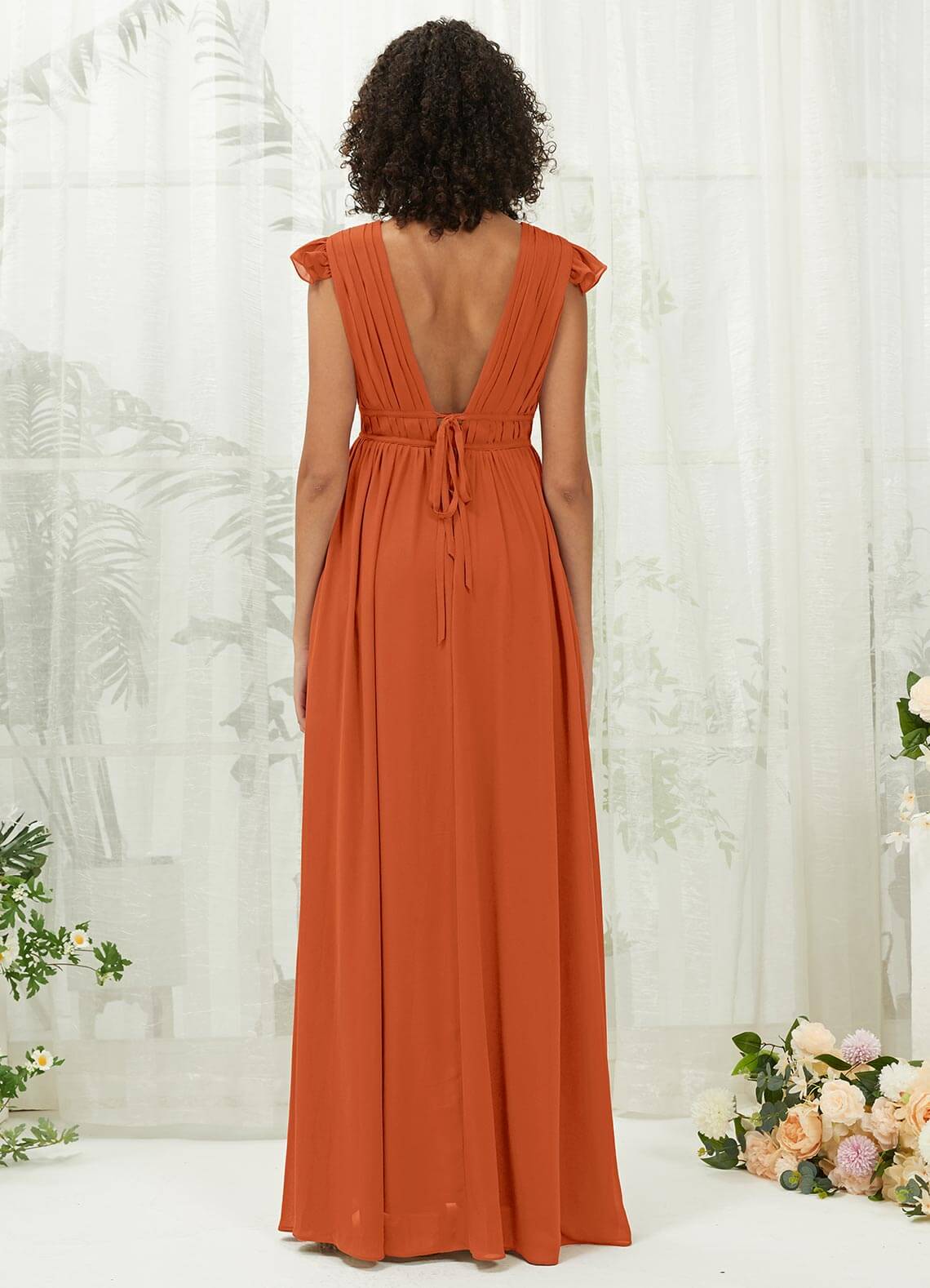 Elegant Burnt Orange Cap Sleeve Pleated V-Neck Chiffon Maxi Bridesmaid Dress | Formal Wedding Party Gown for Special Occasions