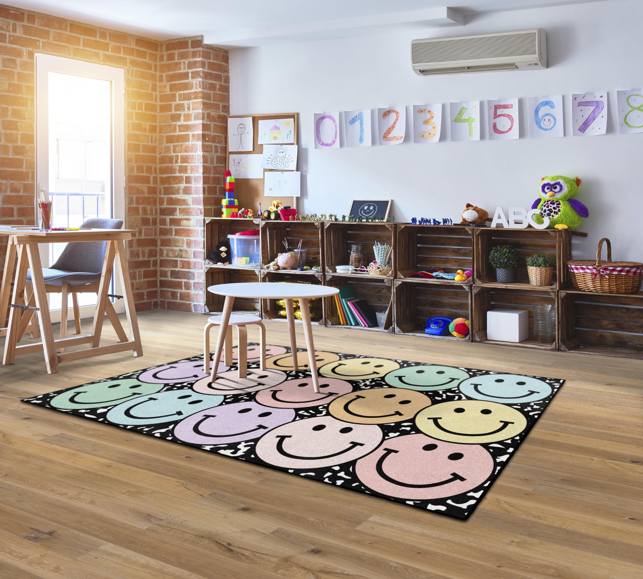 Pastel Rainbow Smileys Educational Area Rug for Kids - 5' x 7'6