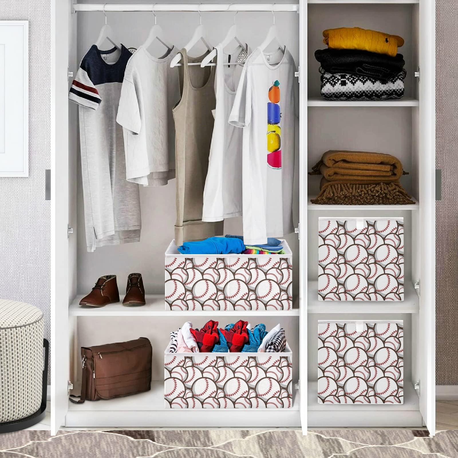 Foldable Collapsible Fabric Storage Bins - 16 x 11 Inch Baseball-Themed Organizer Baskets for Shelves | Perfect for Pantry, Nursery, Closet & Toy Organization | Space-Saving Home Storage Solution