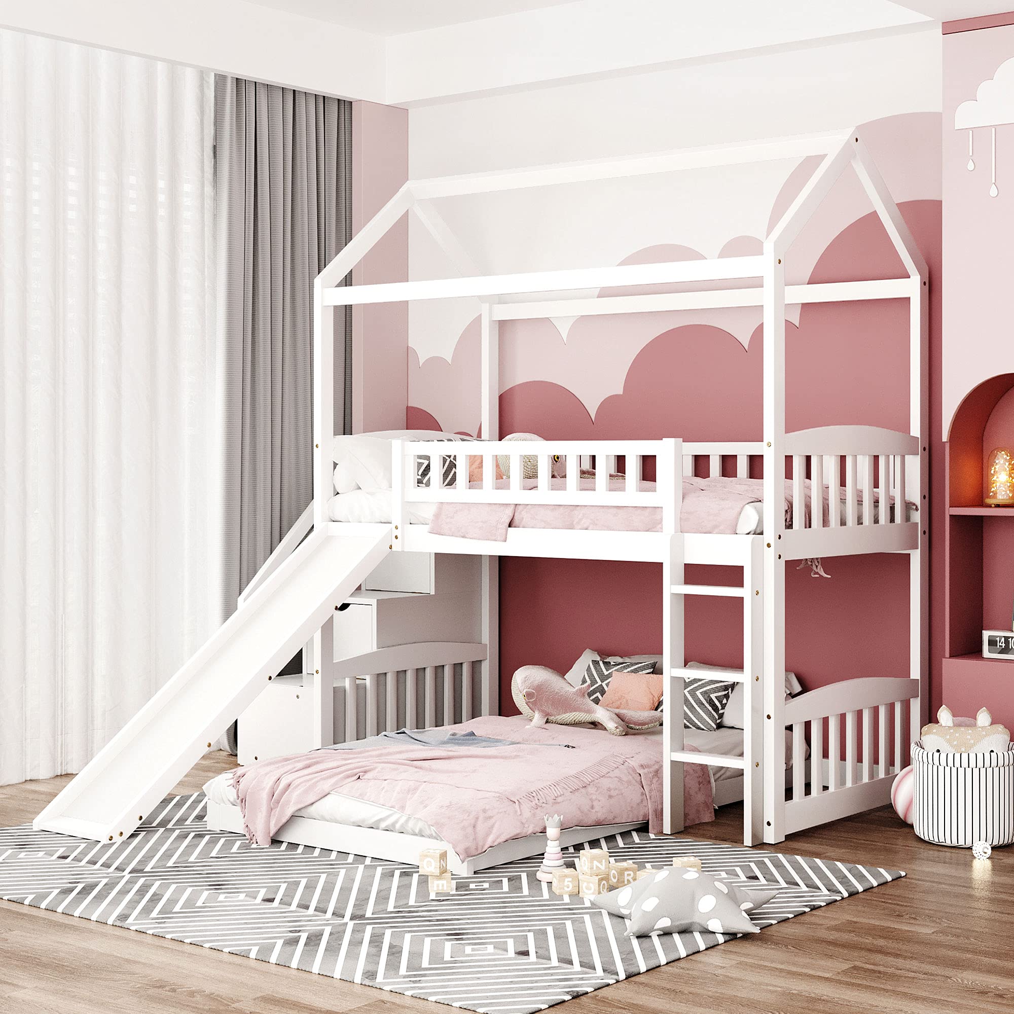 P PURLOVE Twin Over Twin Bunk Bed with Slide & Staircase for Kids - Wooden House Style Bunk Bed with Storage Drawers, No Box Spring Needed - Perfect for Kids' Bedrooms, Playrooms & Small Spaces