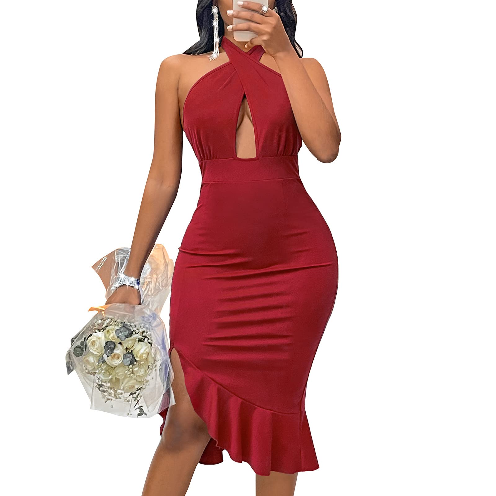 Sexy Women's Halter Criss Cross Backless Bodycon Wrap Mini Dress - Sleeveless Party Club Dress for Night Out, Date Night, Cocktail Party & Special Occasions