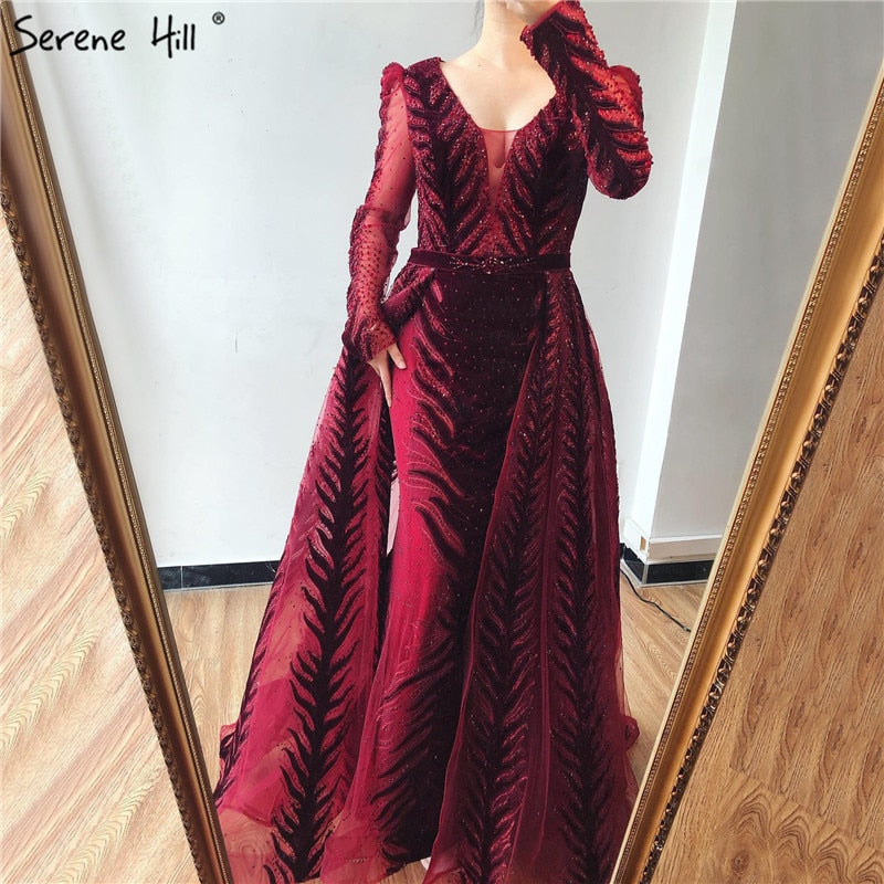 Luxury Velvet Wine Red Evening Gown with Long Sleeves & Beading - Plus Size Formal Dress for Women 2025 - Elegant Prom, Wedding Guest & Gala Attire - Serene Hill LA60903