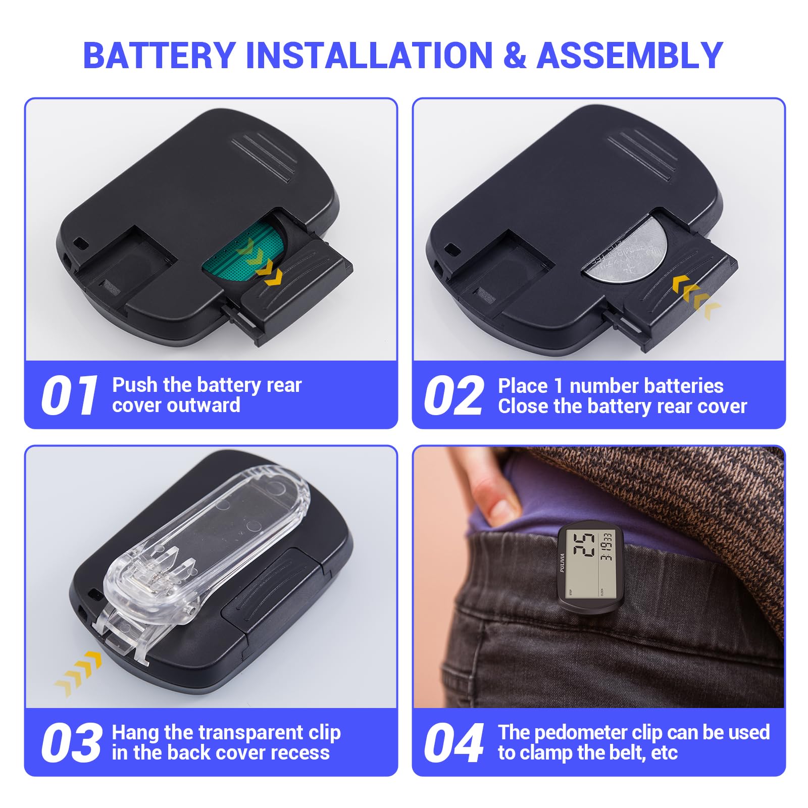 PULIVIA 3D Pedometer with Clock - Accurate Step Counter for Walking & Fitness Tracking