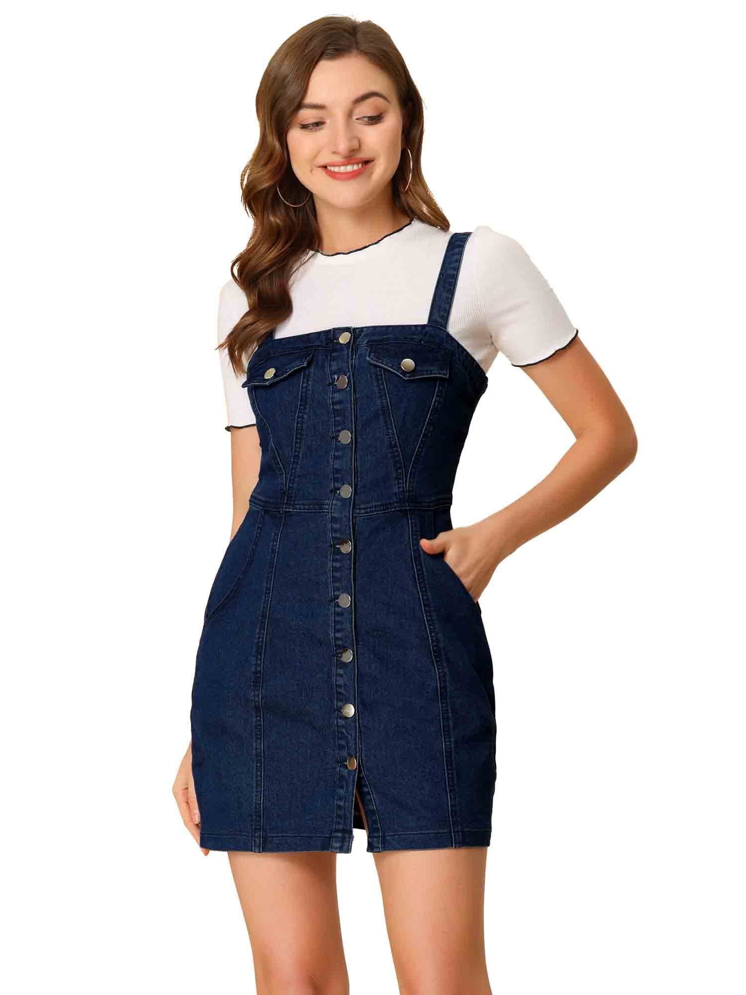 Allegra K Women's Denim Mini Dress with Button Front & Adjustable Straps | Casual Chic Outfit for Spring, Summer, Date Night & Weekend Wear