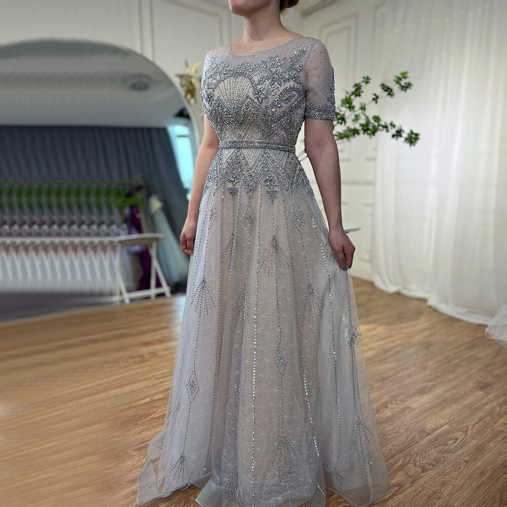 Elegant Grey O-Neck Short Sleeve A-Line Evening Dress 2025 - Luxury Beaded Mother of the Bride Party Gown LA72102 | Perfect for Weddings, Galas & Formal Occasions