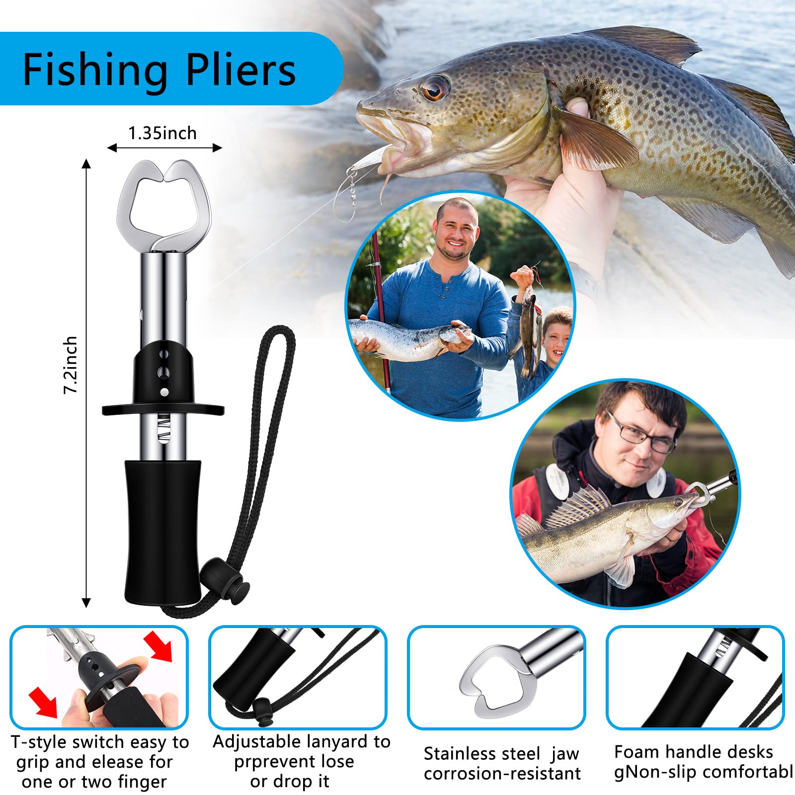 7pc Fishing Hook Remover Kit with Pliers & Gripper - Saltwater & Freshwater Use for Anglers