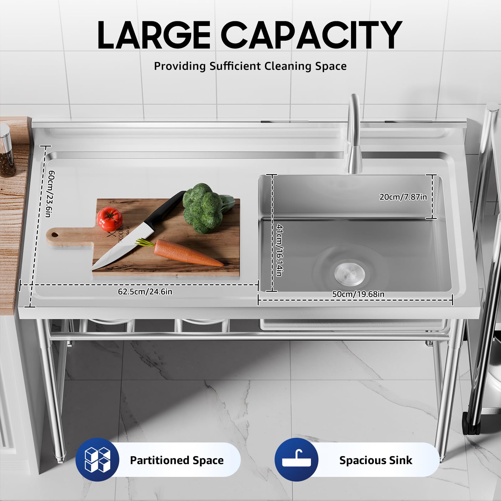 Commercial Stainless Steel Sink with Hot/Cold Faucet - 201 Grade Floor Standing Utility Sink for Kitchen, Restaurant & Hotel Use | Durable Prep Table & Workbench with Storage Shelves | Ideal for Food Prep, Dishwashing & Heavy-Duty Cleaning