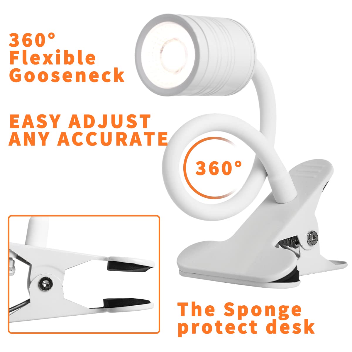 EAGLOD LED Clip Light with 3 Brightness Levels, USB-Powered Portable Desk Lamp, 360° Adjustable Gooseneck for Reading, Nail Art, Tattoo - Perfect for Bedside, Office, and Crafting Workspaces