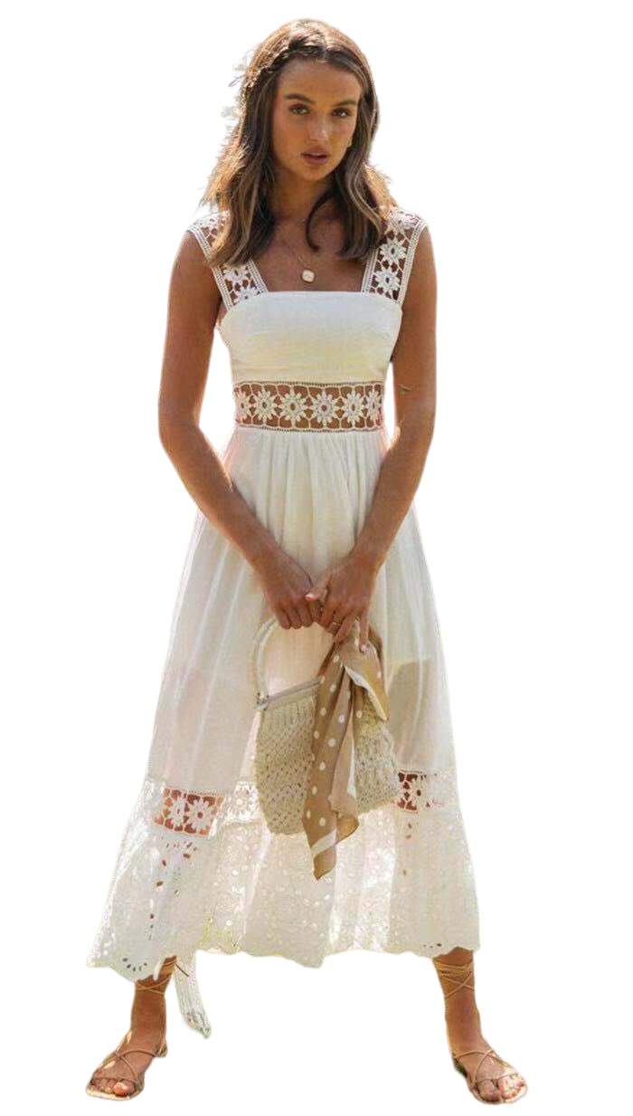 Women's Summer Floral Maxi Dress - Boho Halter Lace Long White Sundress with Square Neck | Perfect for Beach Vacations, Garden Parties & Date Nights