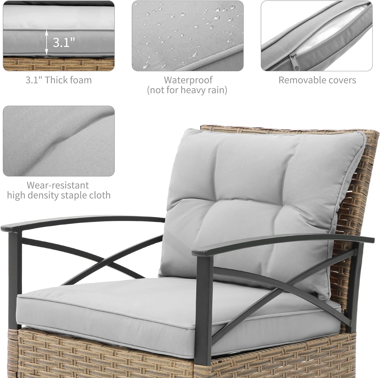 3-Piece Outdoor Rocking Chair Set - Grey Patio Bistro Furniture with Wicker Rockers & Cushioned Seating, Perfect for Porch, Garden, Lawn or Backyard Relaxation