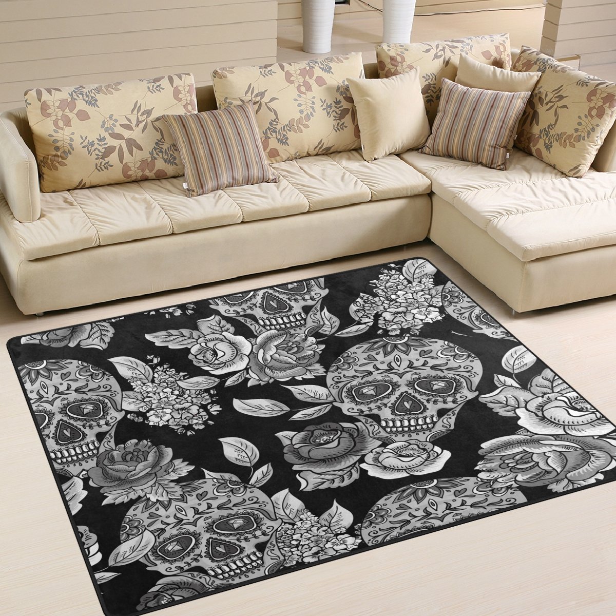 ALAZA Monochrome Floral Sugar Skull Day of The Dead Rug - 5'3 x 4' Non-Slip Area Rug for Living Room, Bedroom, Dorm - Mexican Folk Art Home Decor for Halloween, Dia de los Muertos Celebration