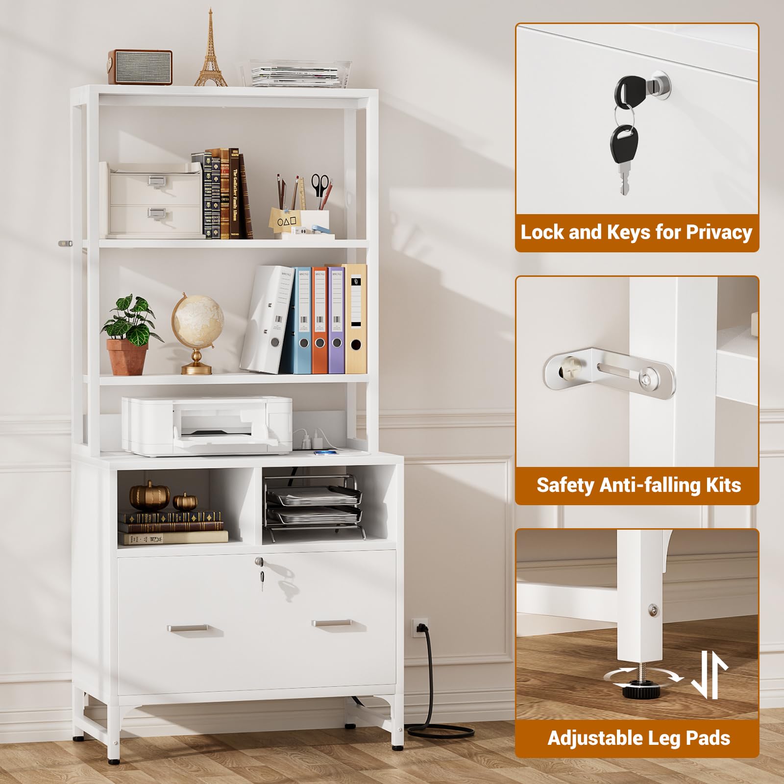 Homieasy File Cabinet with USB Charging Station - Lockable Vertical Filing Cabinet with Large Drawer & Storage Shelves - Office Printer Stand Organizer for Letter/A4/Legal Size Documents - Perfect for Home Office Organization & Workspace Storage (White)