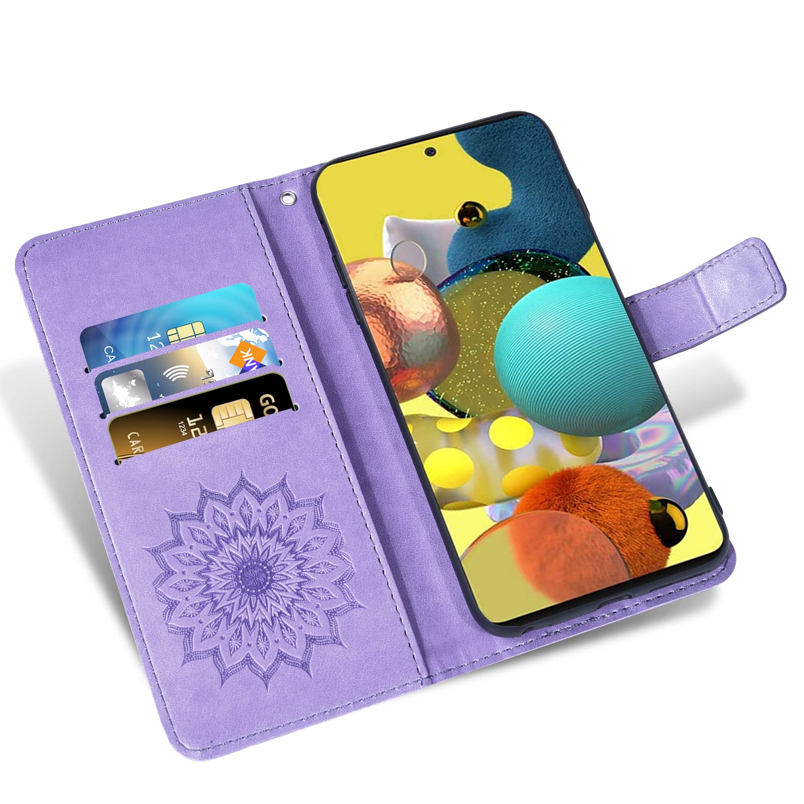 Samsung Galaxy A51 5G Phone Case with Wallet & Card Holder - Slim Leather Flip Cover with Tempered Glass Screen Protector - Verizon Compatible (Purple for Women) - Perfect for Daily Use, Travel & Hands-Free Viewing