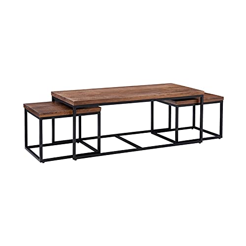 Pemberly Row Black Metal and Mango Wood Coffee Table Set with 2 Matching End Tables - Modern Living Room Furniture for Small Spaces & Apartment Decor