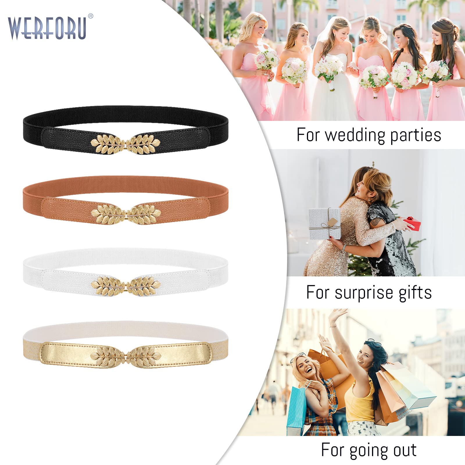 WERFORU 4 Pack Women's Stretchy Skinny Belts - Fashion Leaf Alloy Buckle Thin Waist Belt for Dresses, Pants & Jeans - Perfect for Casual, Office & Party Outfits
