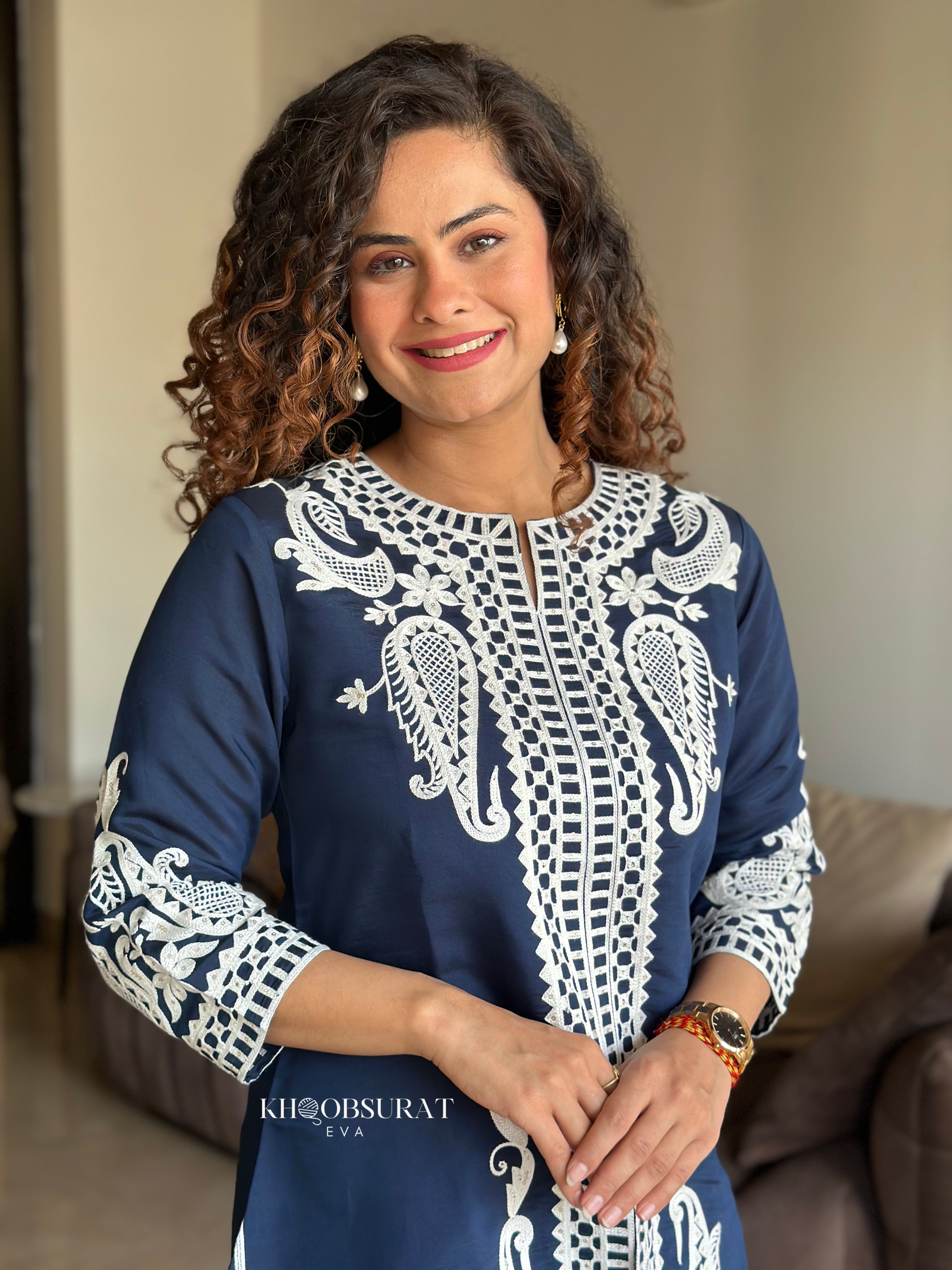 Sapphire Stitch Embroidered Blue Matching Outfit Set for Women - Elegant Lounge Wear & Casual Date Night Outfits