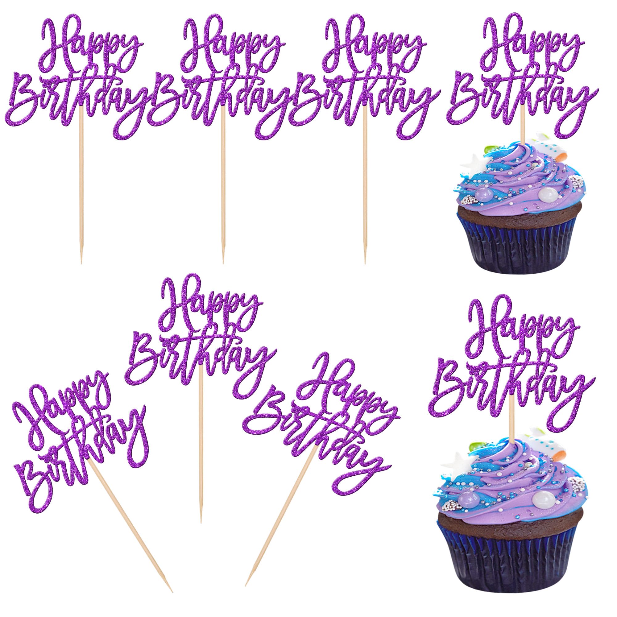 24 PCS Purple Glitter Happy Birthday Cupcake Toppers - Cake Decorations for Birthday & Anniversary Party Supplies - Perfect for DIY Cupcakes, Baby Showers & Wedding Celebrations