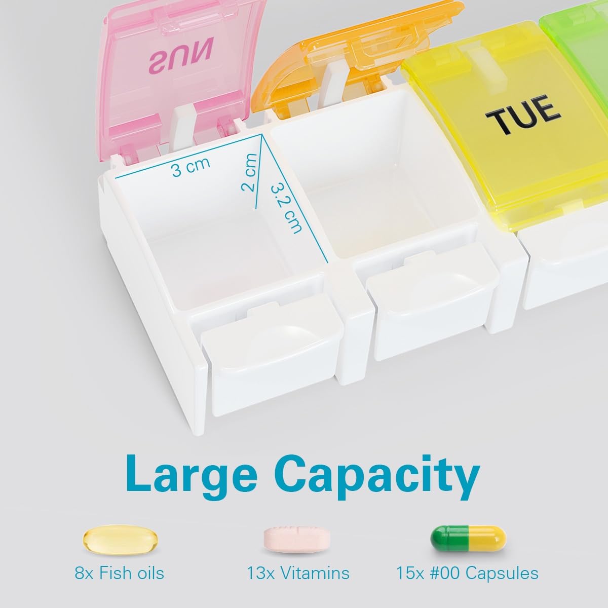 BUG HULL Weekly Pill Organizer - Easy Open Arthritis Friendly Large Daily Pill Box Case | 7-Day Medicine Organizer for Vitamins & Medications | Perfect for Travel, Home & Senior Care (White)