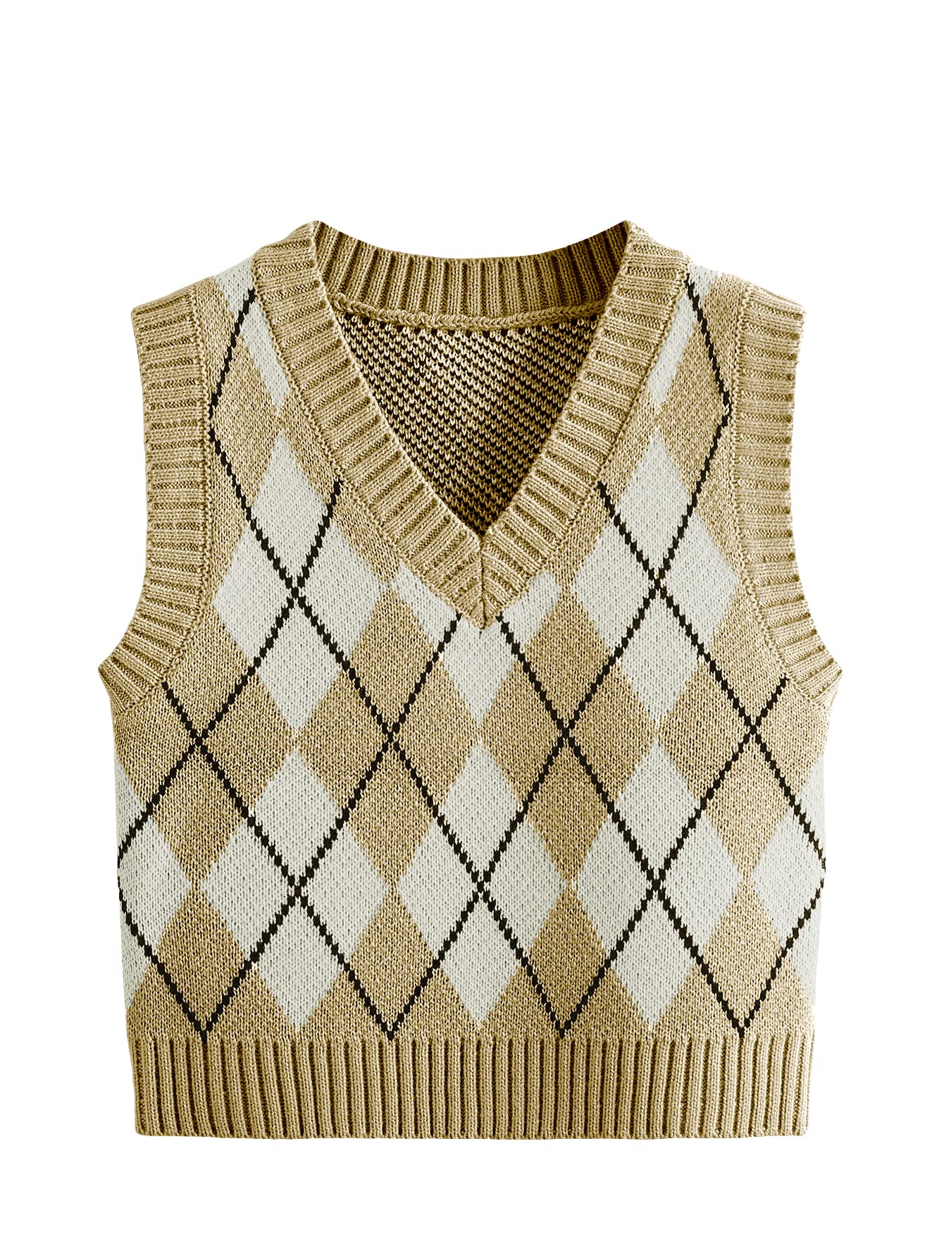 SweatyRocks Women's Plaid Geometric Sleeveless V-Neck Knit Crop Top Sweater Vest - Stylish Layering Piece for Casual Outfits & Fall Fashion