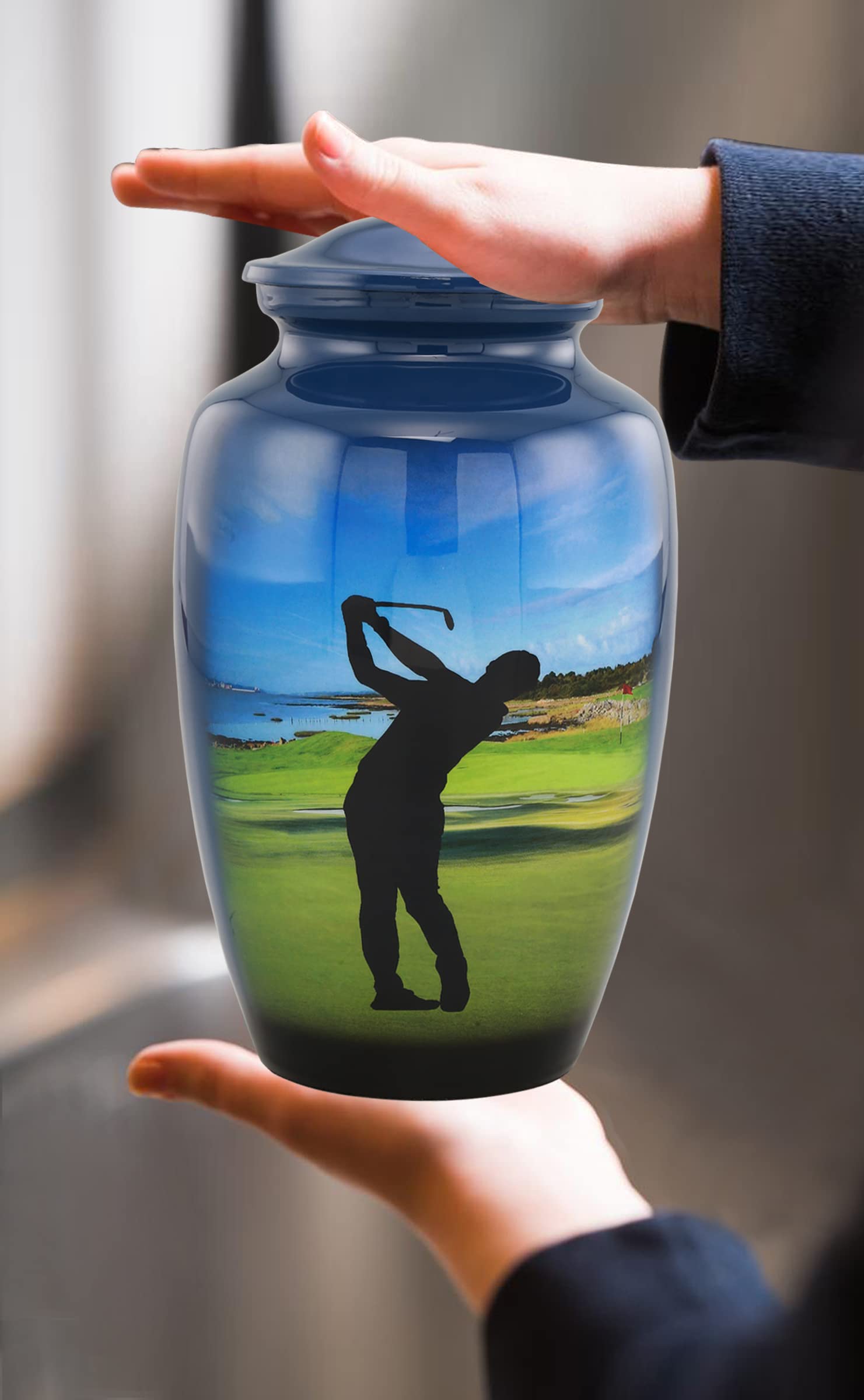 Golf Cremation Urn for Ashes - Hand Painted Classic Golfer Memorial Urn with Velvet Bag (Large) - Perfect for Honoring Golf Lovers & Displaying at Home or Memorial Services