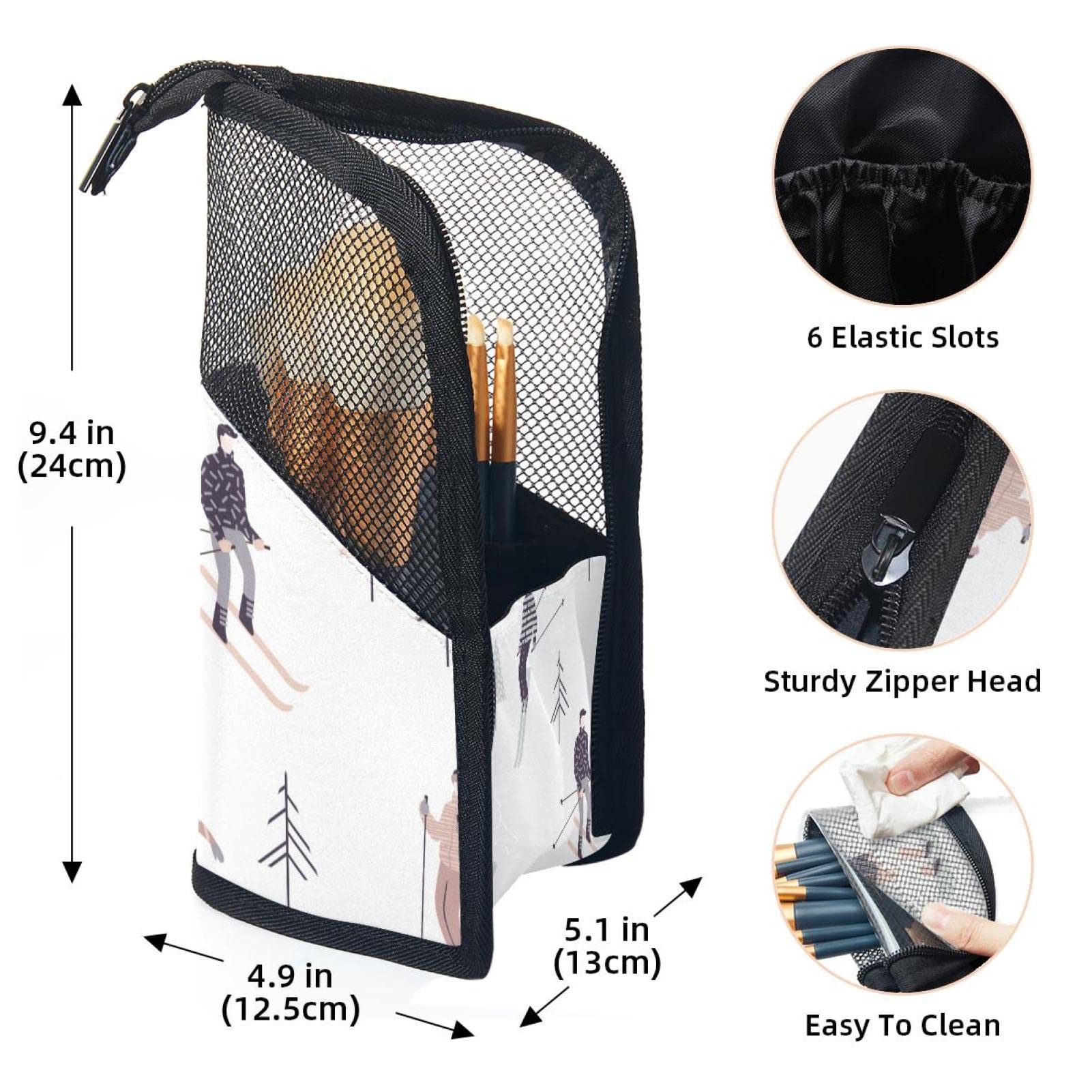 Portable Makeup Brush Organizer Bag with 12 Slots - Cute Tree & Skiing Cartoon Design - Travel Cosmetic Brush Holder Case for Home, Travel & Professional Makeup Artists