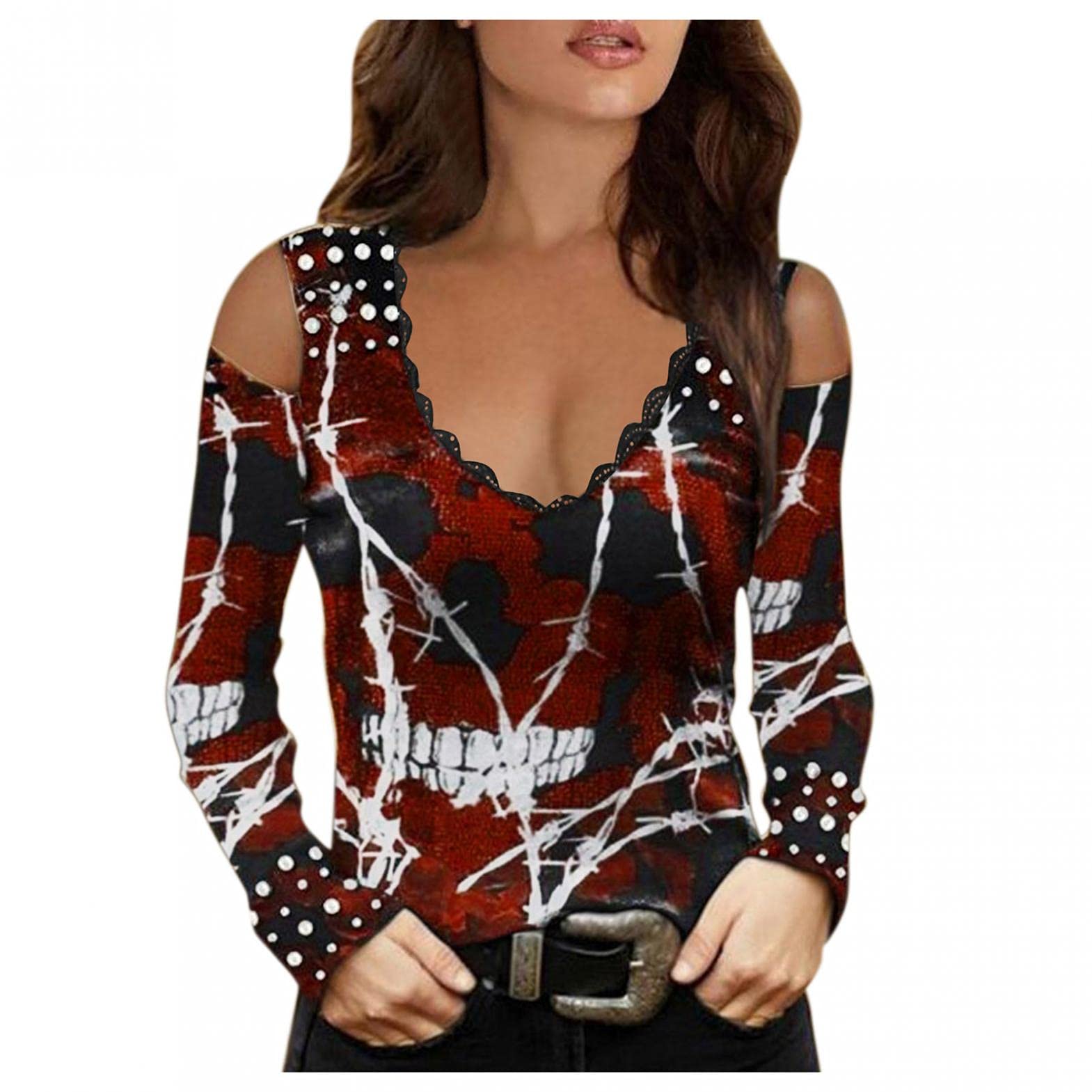 Women's Long Sleeve Shirts - Fitted Casual Printed Blouse Tops with Cold Shoulder Design | Slim Fit Tee for Work, Date Night & Everyday Wear