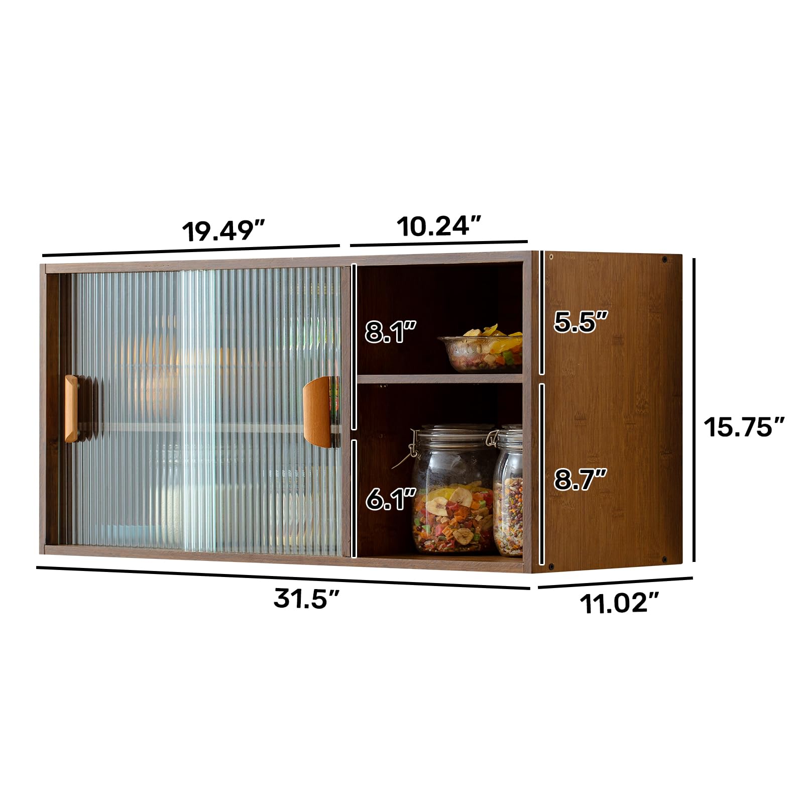 HollyHOME Bamboo Wall Mounted Kitchen Sideboard - 2 Sliding Glass Doors, Freestanding Storage Cabinet with Side Shelf for Bottles, Dishes & Bowls - Walnut Console Dining Cupboard for Small Spaces, Apartments & Modern Kitchens