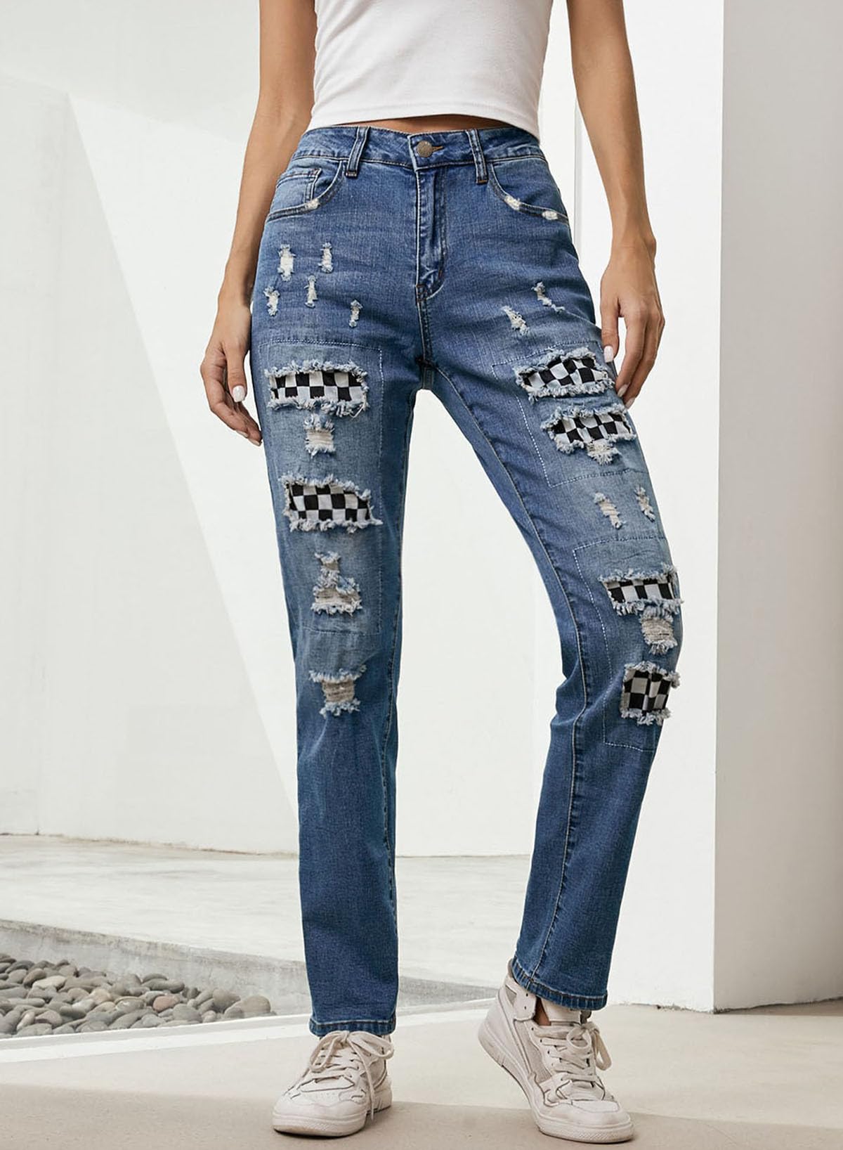 EVALESS Women's Ripped Boyfriend Jeans - Distressed Skinny Denim Pants with Plaid Patch Design | Casual Streetwear & Everyday Fashion Outfits